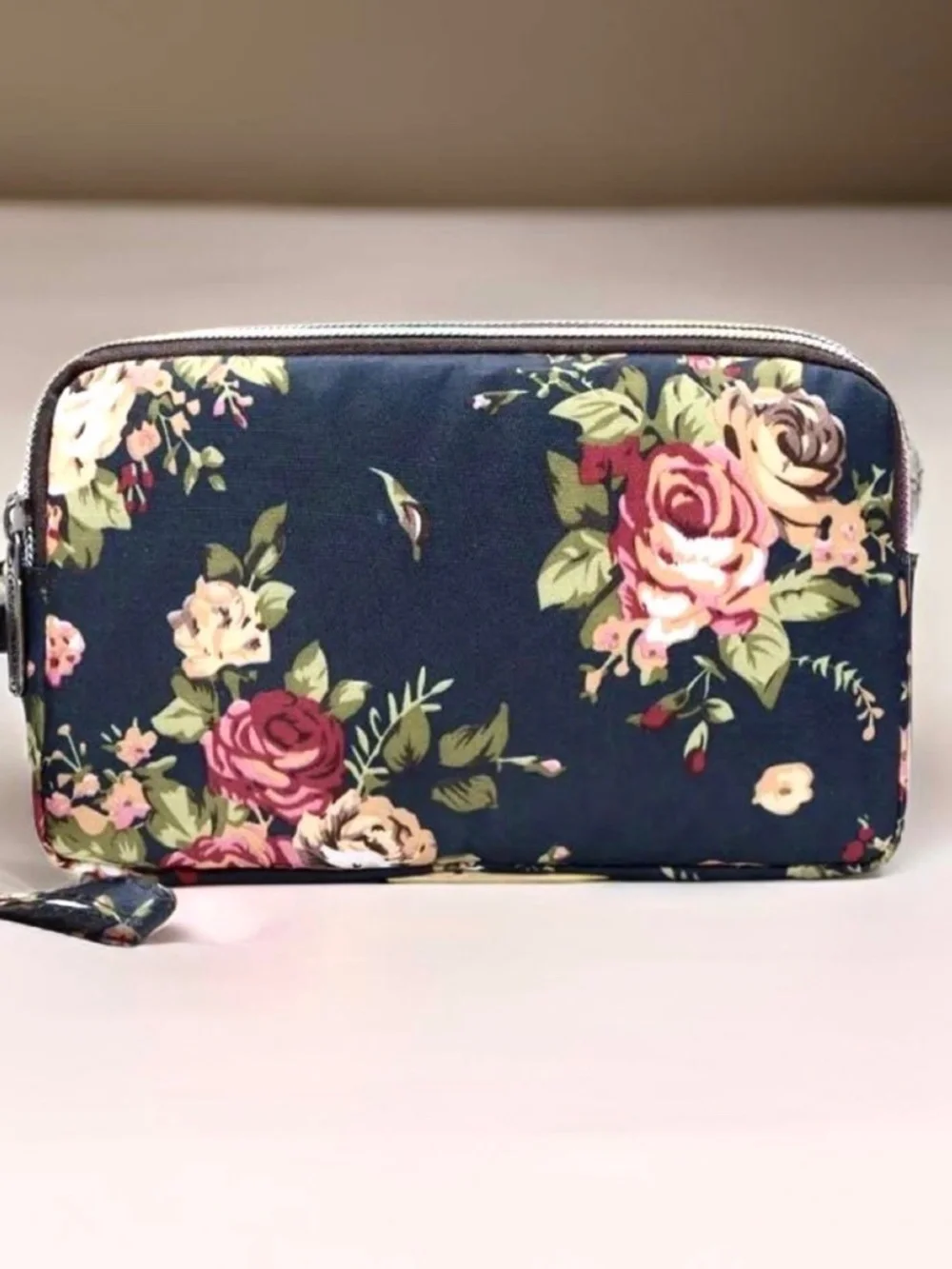 Floral Print Navy Blue Base Small Purse or Makeup Cosmetic Wristlet